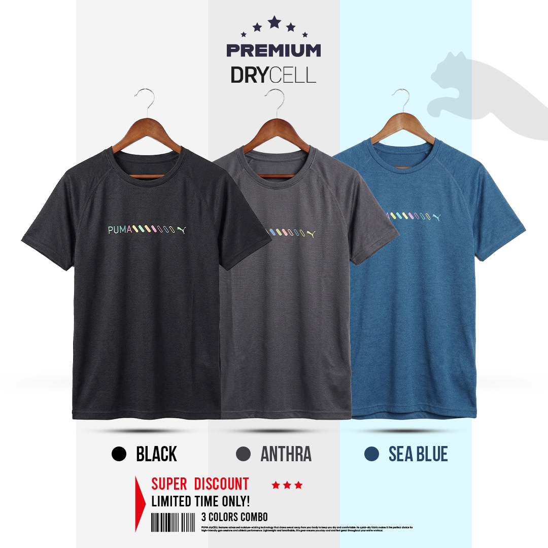 04 Black Anthra Sea Blue.jpg Puma Drycell T-shirt - 3 Colors Combo (Black, Anthra & Sea Blue) - Image 1